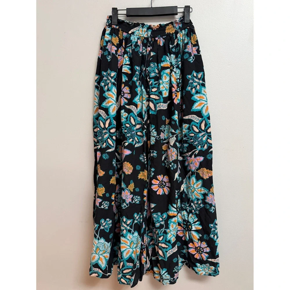 Free People Take It Easy Lounge Pants Floral Black Boho Palazzo Wide Leg Pockets